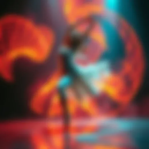 A dancer moves gracefully, surrounded by vibrant visual effects that enhance the choreography, showcasing rhythm and audiovisual elements in harmony.