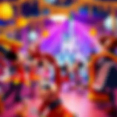 Dancing Disney Characters A colorful scene featuring popular Disney characters dancing joyfully in a festive setting.
