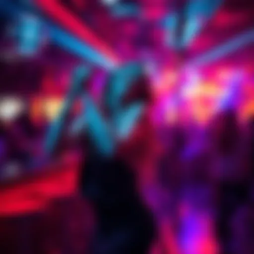 A lively woman dancing under colorful lights at a nightclub
