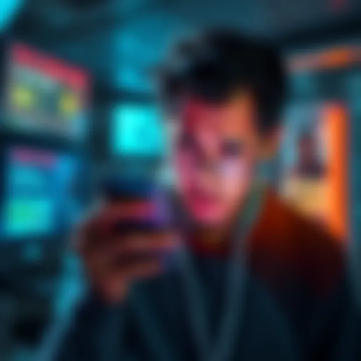 A worried person looking at suspicious ads on a mobile app, indicating potential malware and scams.