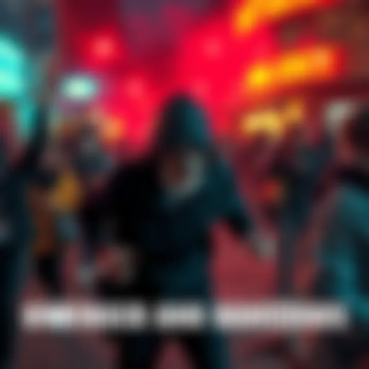 A chaotic scene depicting a person with erratic behavior, causing alarm among bystanders