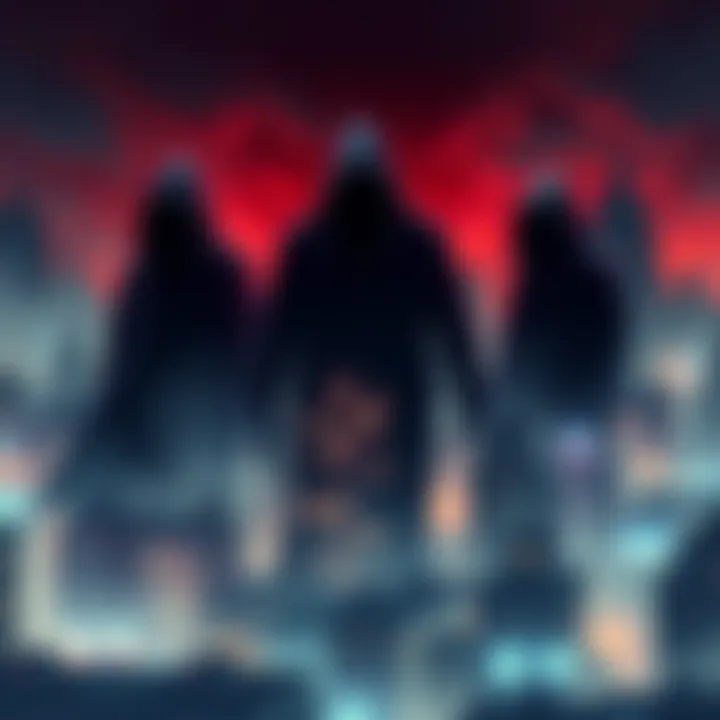 Three shadowy figures loom over a cityscape, symbolizing the impact of a dangerous trio on communities