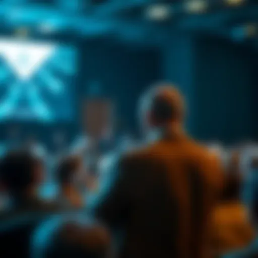 Dario Amodei discussing the future and ethics of autonomous weapons at a conference, surrounded by an audience.