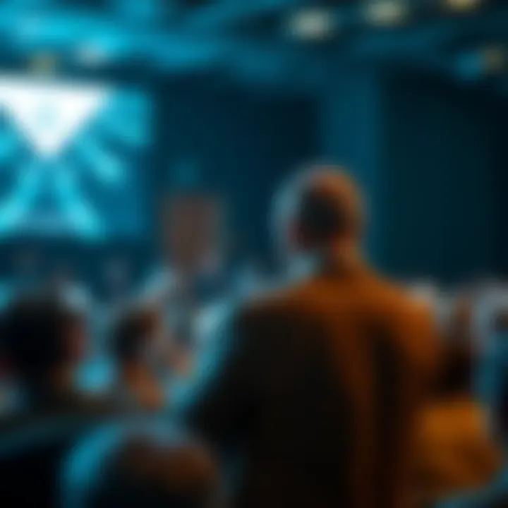 Dario Amodei discussing the future and ethics of autonomous weapons at a conference, surrounded by an audience.