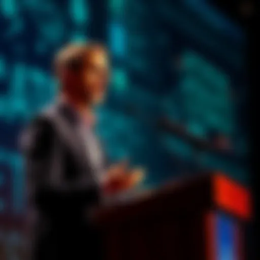 Dario Amodei speaking at a podium about trust in artificial intelligence, expressing concerns about manipulation by companies and governments.