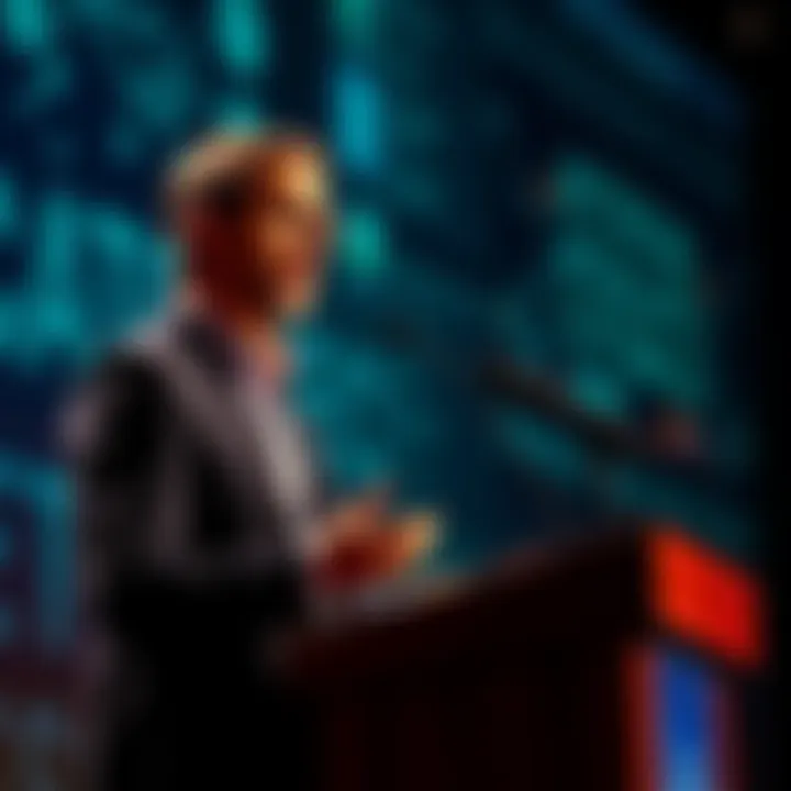 Dario Amodei Discusses AI Trust Issues Dario Amodei speaking at a podium about trust in artificial intelligence, expressing concerns about manipulation by companies and governments.