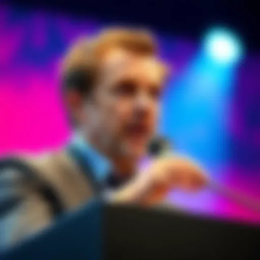 Dario Amodei speaking at a podium, expressing strong criticism towards Sam Altman and OpenAI, with an intense expression.