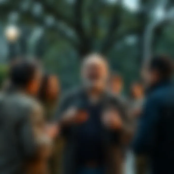 Dario, a cheerful man with a big smile, entertaining a group of friends with his funny stories in a park, bringing joy amidst a serious atmosphere.