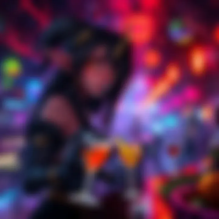 A dark elf character with playful charm serves drinks in a lively tavern filled with colorful Monster Girls.