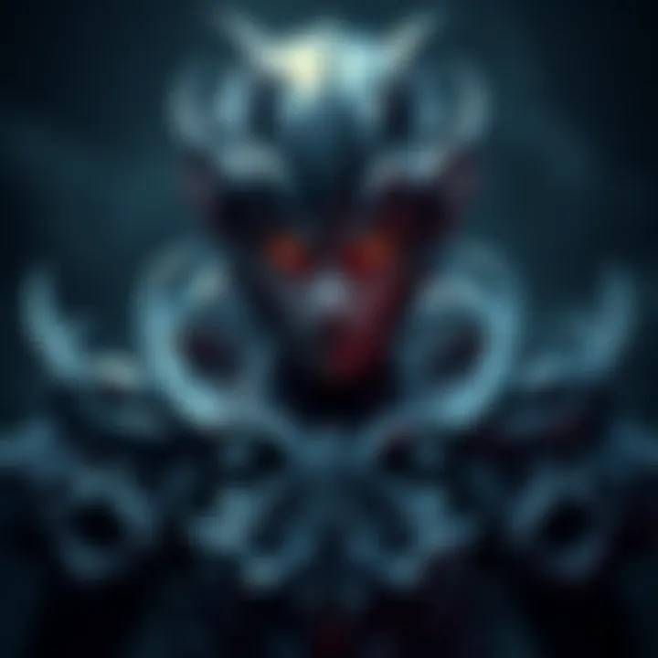 An intricate dark fantasy character with a mysterious aura, featuring detailed armor and glowing eyes, set against a shadowy background.