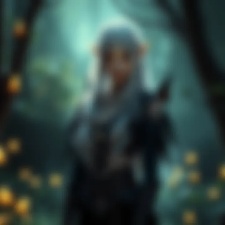A Dark Elf Maiden with silver hair and mystical features, standing in a forest clearing, surrounded by glowing plants.
