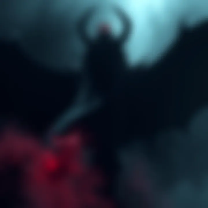 A shadowy figure representing a dark entity, with features suggesting a vampire lord or demon king, surrounded by mist and darkness.