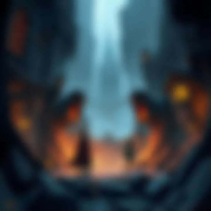 Concept art featuring a dark fantasy setting with eerie dungeons and stylized character designs, showcasing a blend of adventure and mystery.