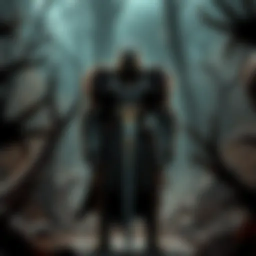 A warrior in dark armor stands ready with a sword in a gloomy forest, surrounded by ominous shadows and eerie creatures.