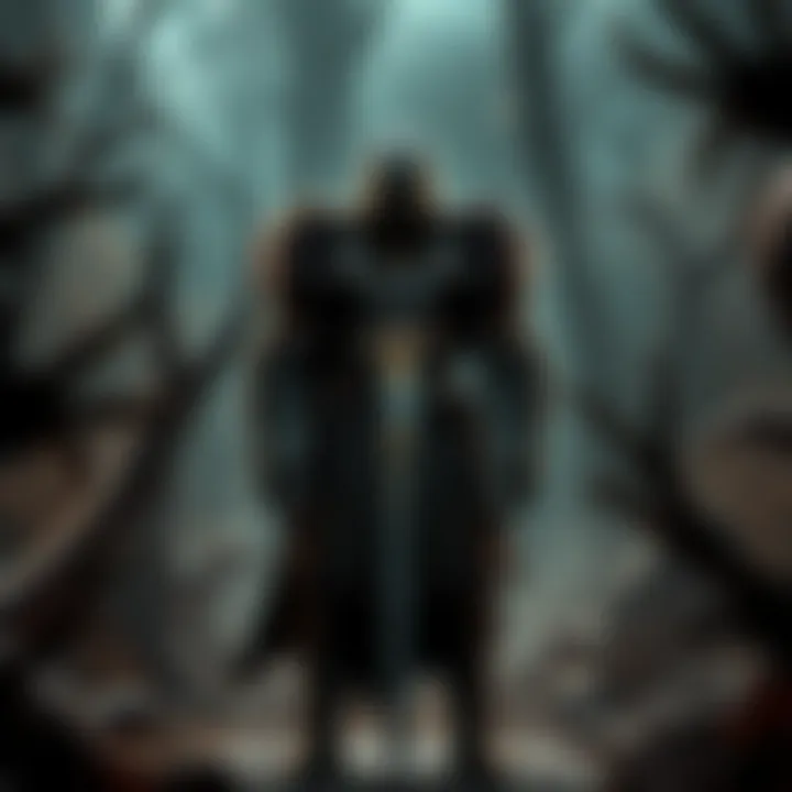A warrior in dark armor stands ready with a sword in a gloomy forest, surrounded by ominous shadows and eerie creatures.