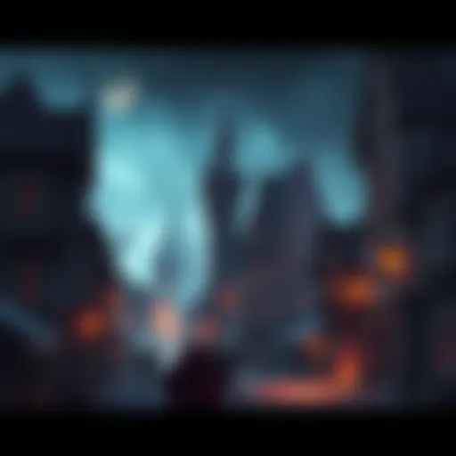 A dark fantasy town with shadowy buildings, misty streets, and eerie lighting, showcasing a medieval atmosphere.