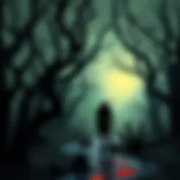 A character stands in an abandoned village, surrounded by eerie trees and shadows, contemplating ancient curses and legends.