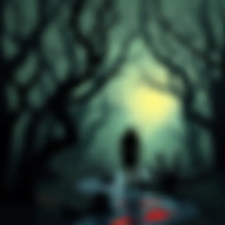 A character stands in an abandoned village, surrounded by eerie trees and shadows, contemplating ancient curses and legends.
