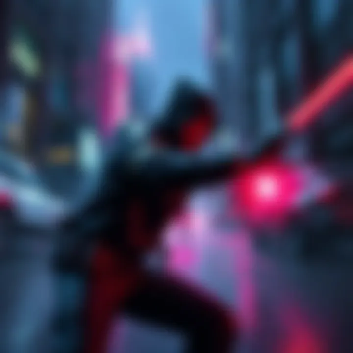 A tense action scene featuring a fighter in a dark futuristic city with neon lights, showcasing movement and energy during a battle.