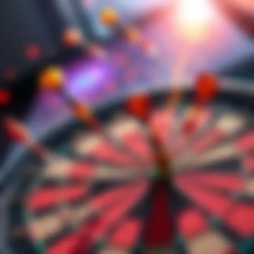 A vibrant dart board with animated darts hitting the target, showcasing creative ideas for enhancement, including colorful graphics and dynamic movement.