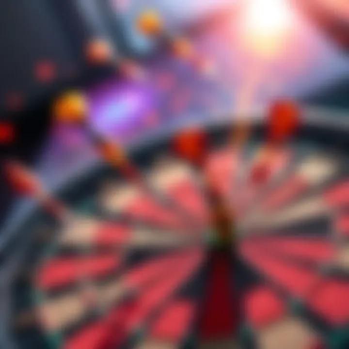 A vibrant dart board with animated darts hitting the target, showcasing creative ideas for enhancement, including colorful graphics and dynamic movement.