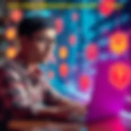 A person looks worried while using a laptop with data protection icons floating around, symbolizing privacy concerns related to AI and data breaches.