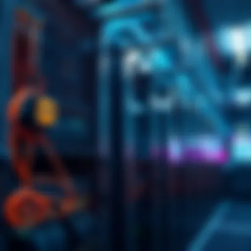 A data center with server racks and electric infrastructure, showcasing technology and power connections.