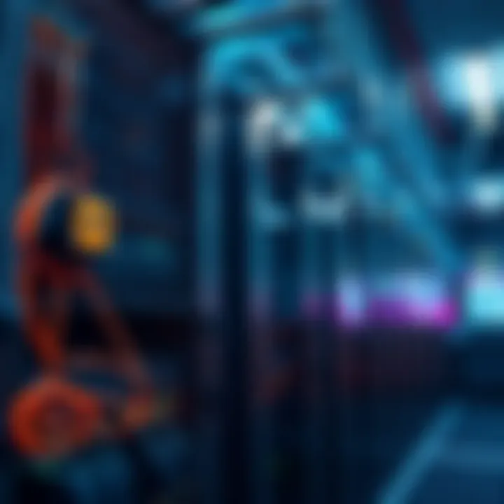 A data center with server racks and electric infrastructure, showcasing technology and power connections.