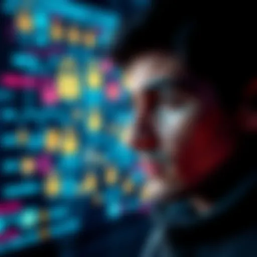 A person looking at a digital screen filled with personal data icons, showing concerns about privacy.