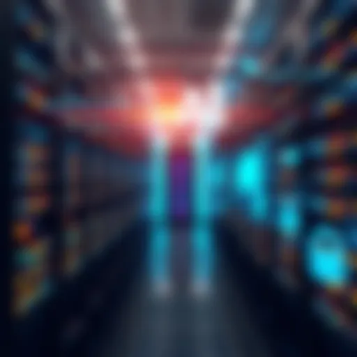 A modern data center with servers and AI-related graphics illustrating the connection between data centers and artificial intelligence.