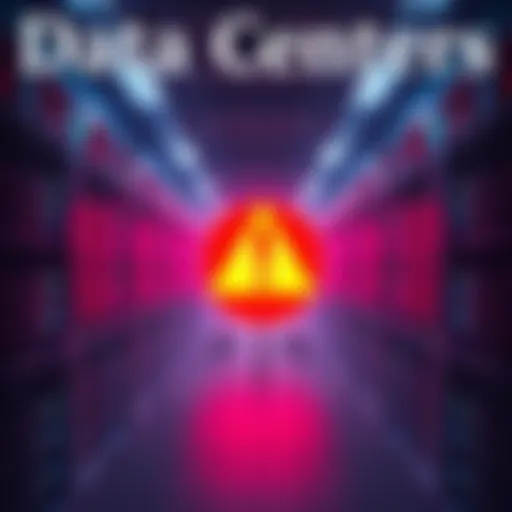 A visual representation showing a data center with a warning sign, symbolizing security threats and foreign influence.