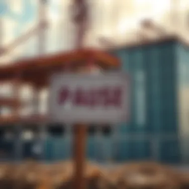 Construction site for a data center with a sign indicating a pause in projects