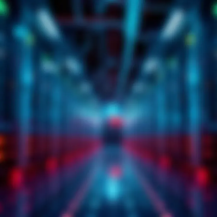 A large data center with water cooling systems in place, showing pipes and cooling units