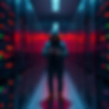 A figure in a data center, surrounded by servers, engaging in questionable behavior that raises ethical concerns in tech culture.