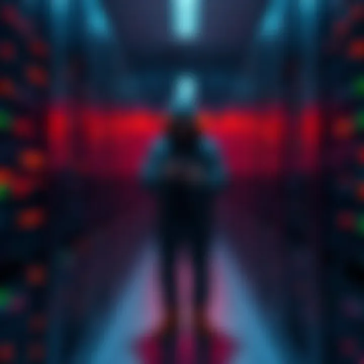 A figure in a data center, surrounded by servers, engaging in questionable behavior that raises ethical concerns in tech culture.