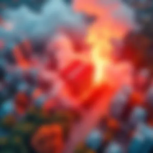 Data Center Heat Impact Aerial view of a city with a data center emitting heat, causing a noticeable temperature difference in the surrounding area with trees and buildings