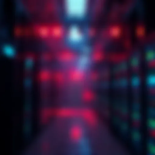 A view of a data center with emergency lights flashing, showcasing a tense atmosphere among tech workers responding to unusual occurrences.