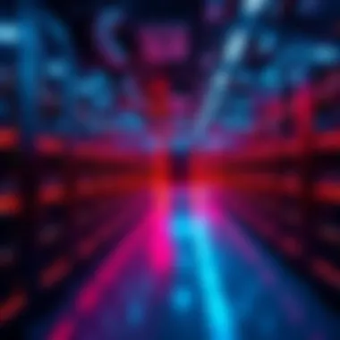 Rows of servers in a data center with blinking lights and cables