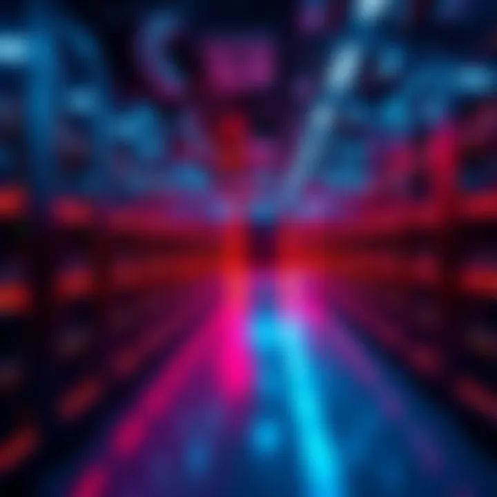 Rows of servers in a data center with blinking lights and cables