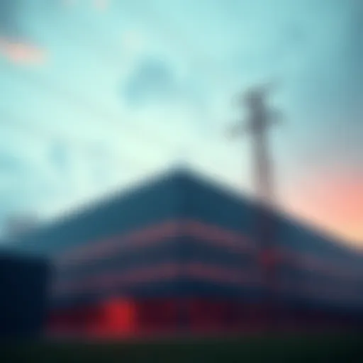 A large data center building with power lines in front, symbolizing the impact of new legislation on energy costs.
