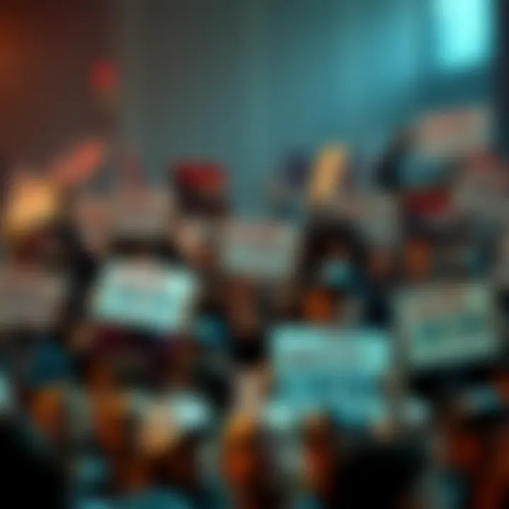 Crowd of voters protesting against data centers, holding signs expressing their concerns about election influence.