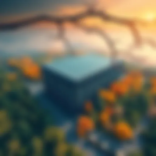 Aerial view of a large data center surrounded by nature, highlighting the contrast between technology and the environment.