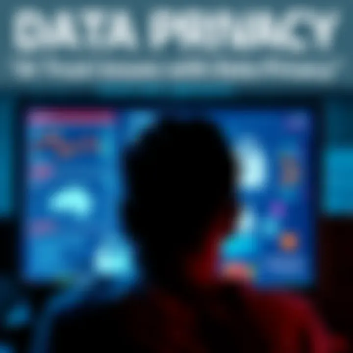 A worried person looking at a computer screen with AI graphics and security symbols, representing concerns about data privacy.