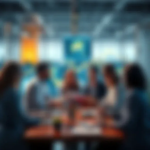 A group of people discussing data science education and job opportunities with laptops and notebooks in a modern office setting