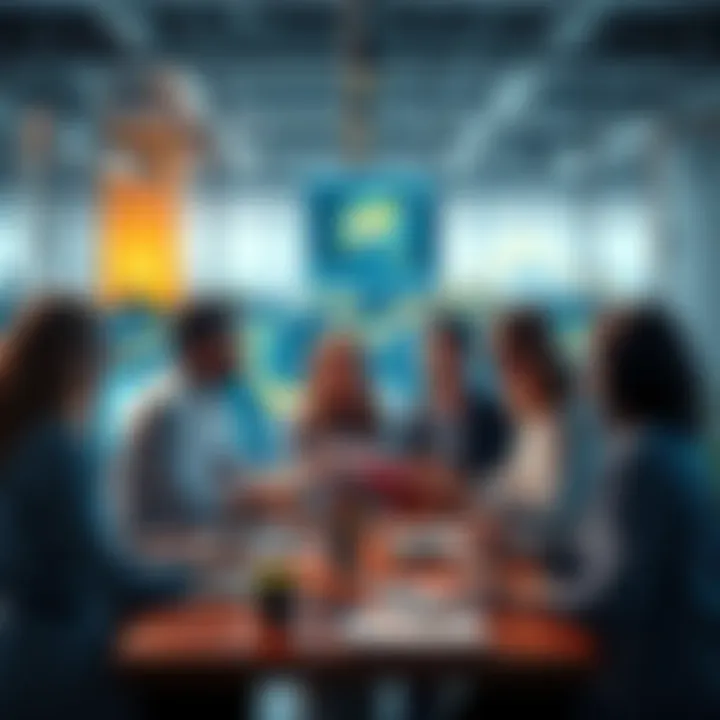 A group of people discussing data science education and job opportunities with laptops and notebooks in a modern office setting