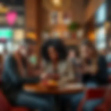 A diverse group of people looking at dating apps on their phones in a cozy cafe
