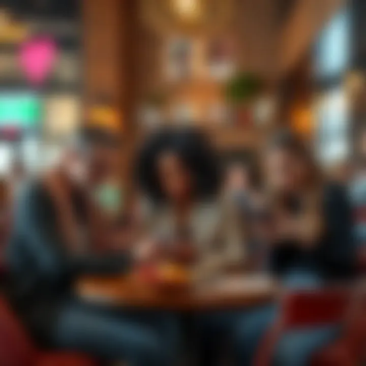 A diverse group of people looking at dating apps on their phones in a cozy cafe