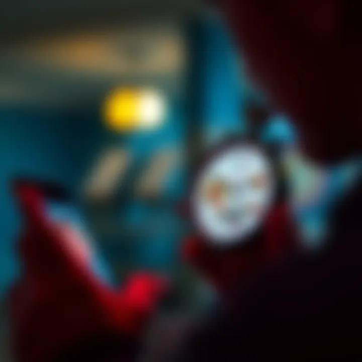 A person glancing at their phone displaying dating profiles while a stopwatch counts down, depicting the pressure of making quick decisions for a date.