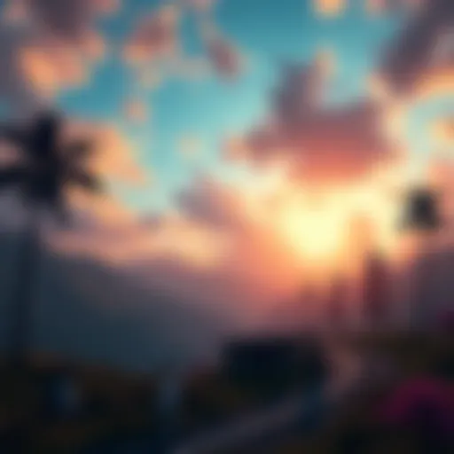 A vibrant game scene showing day transitioning to twilight and night, with player feedback visual elements highlighted.