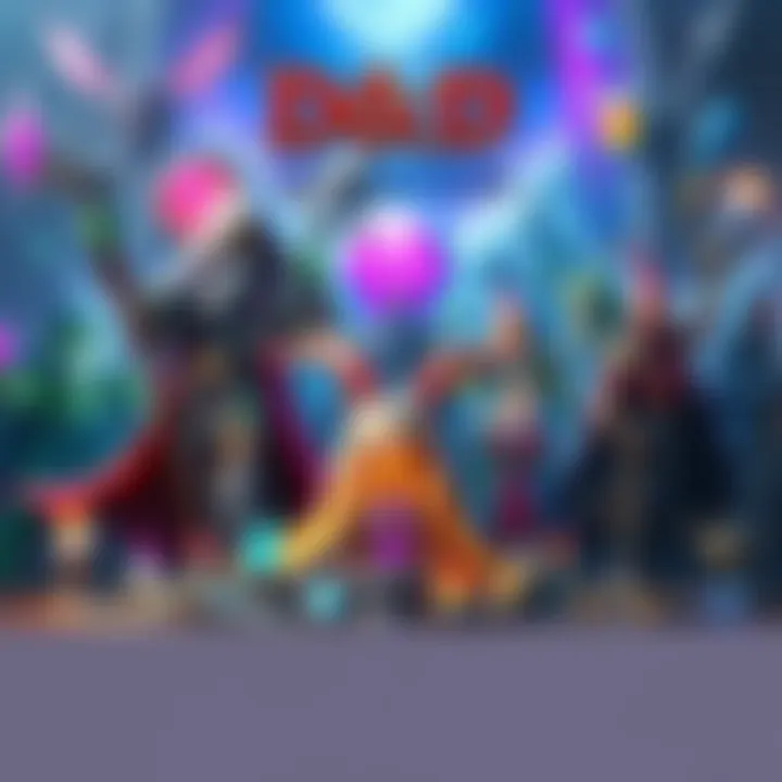 A colorful scene showing various fantasy characters like wizards, warriors, and elves with artistic tools around them to represent AI technology in character art creation for Dungeons & Dragons.